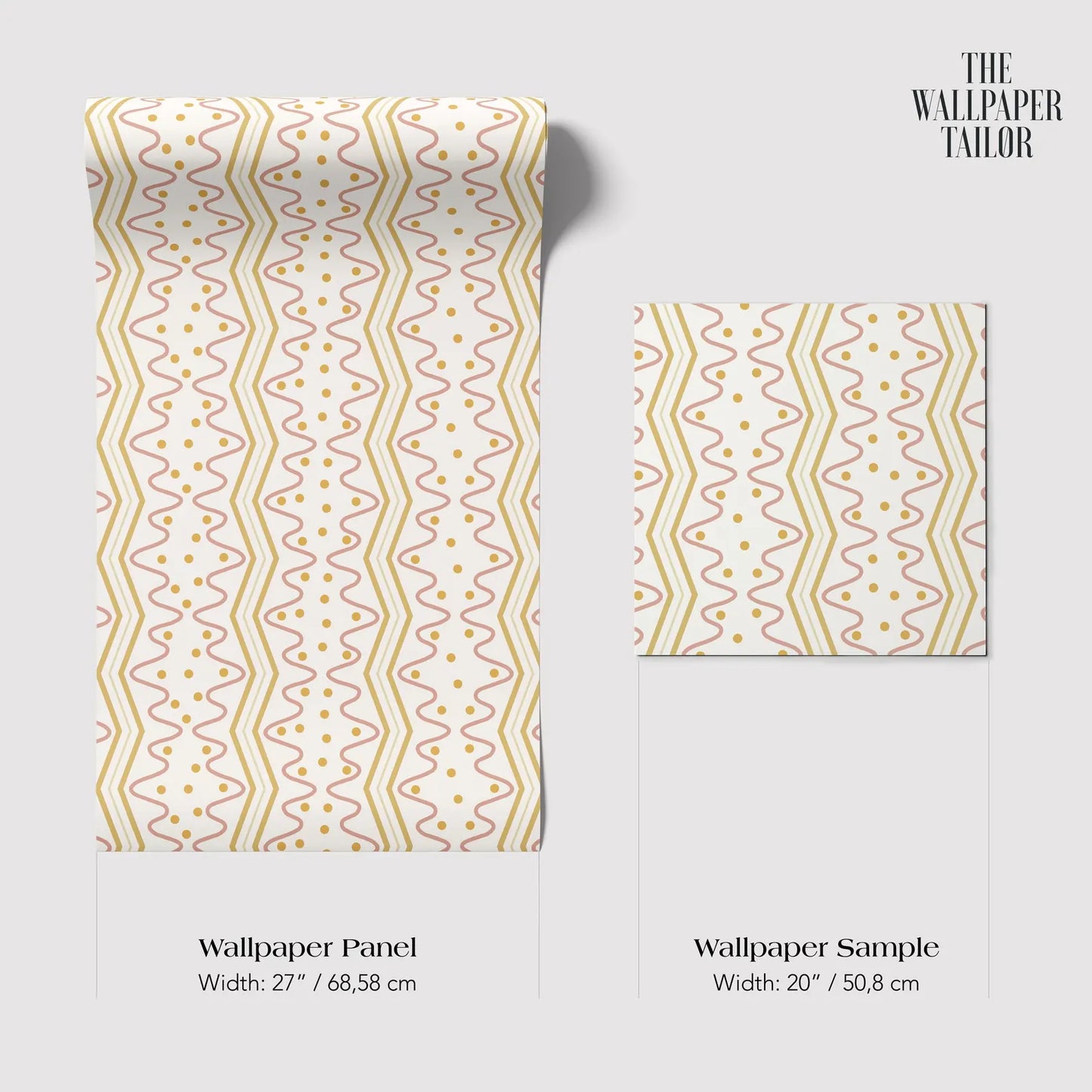 two different wallpaper panels with a repeating pattern of yellow and white lines and dots. The text provides information about the width of the wallpaper panels and the wallpaper sample.