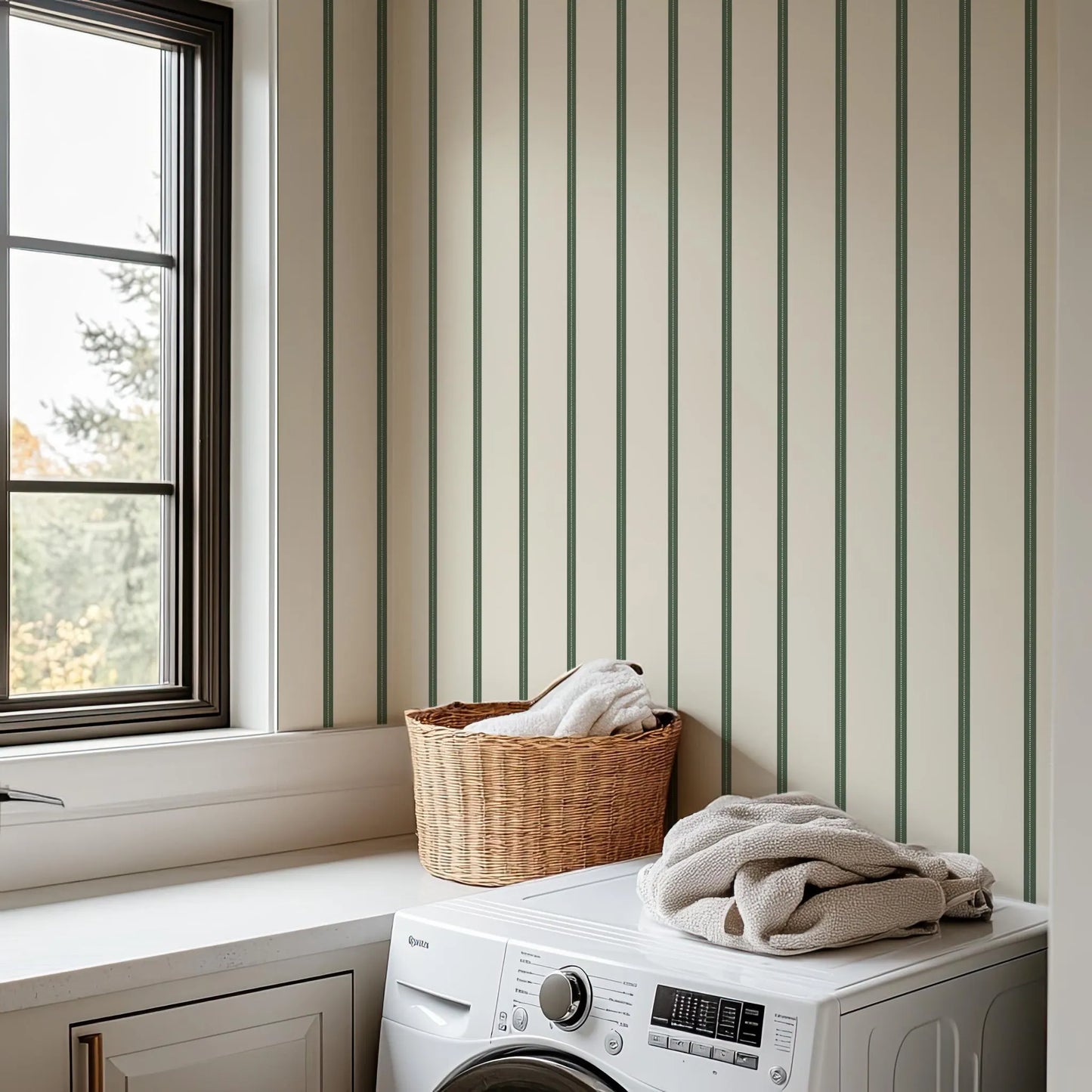a laundry room with a white washing machine, a basket of folded towels, and a window overlooking a natural outdoor scene.