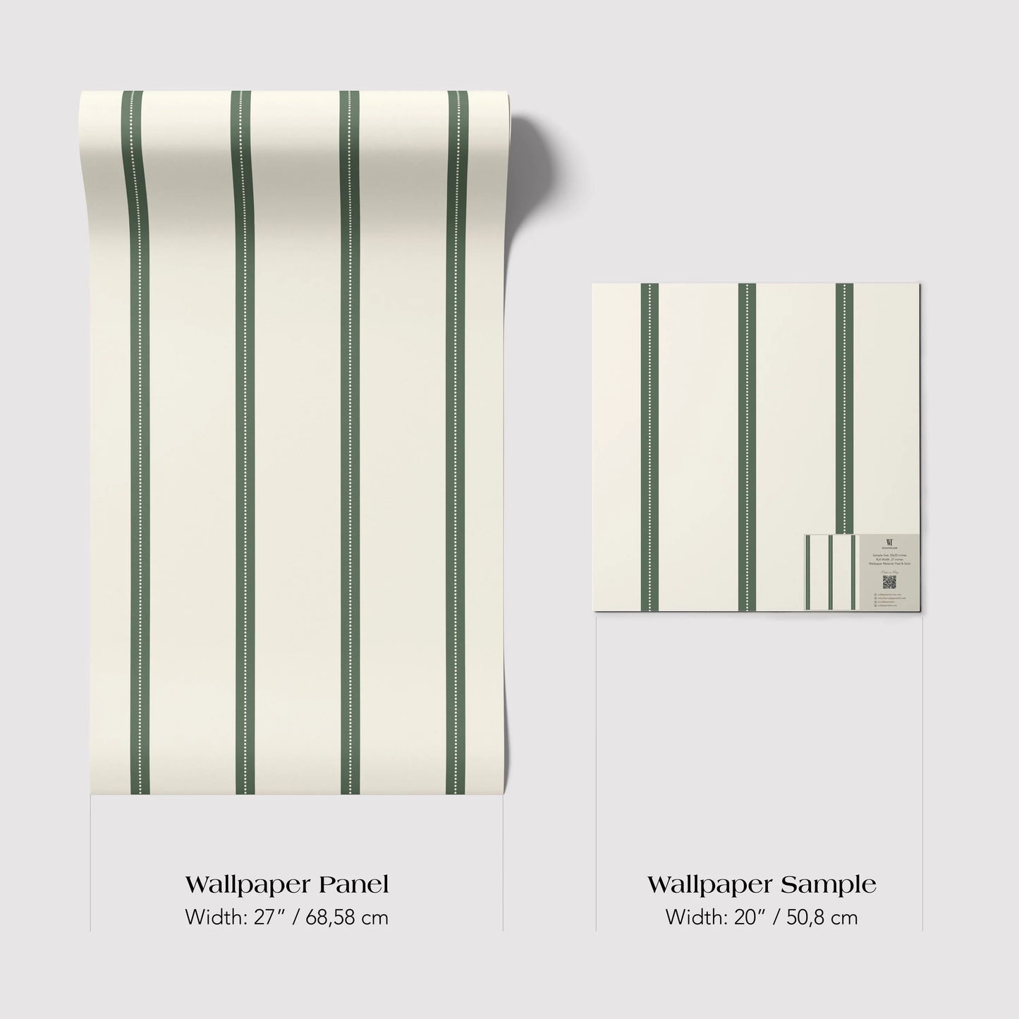two different sizes of a wallpaper panel with a striped pattern. The larger panel is wider than the smaller one, with a width of 27 inches (68.58 cm) and a width of 20 inches (50.8 cm).
