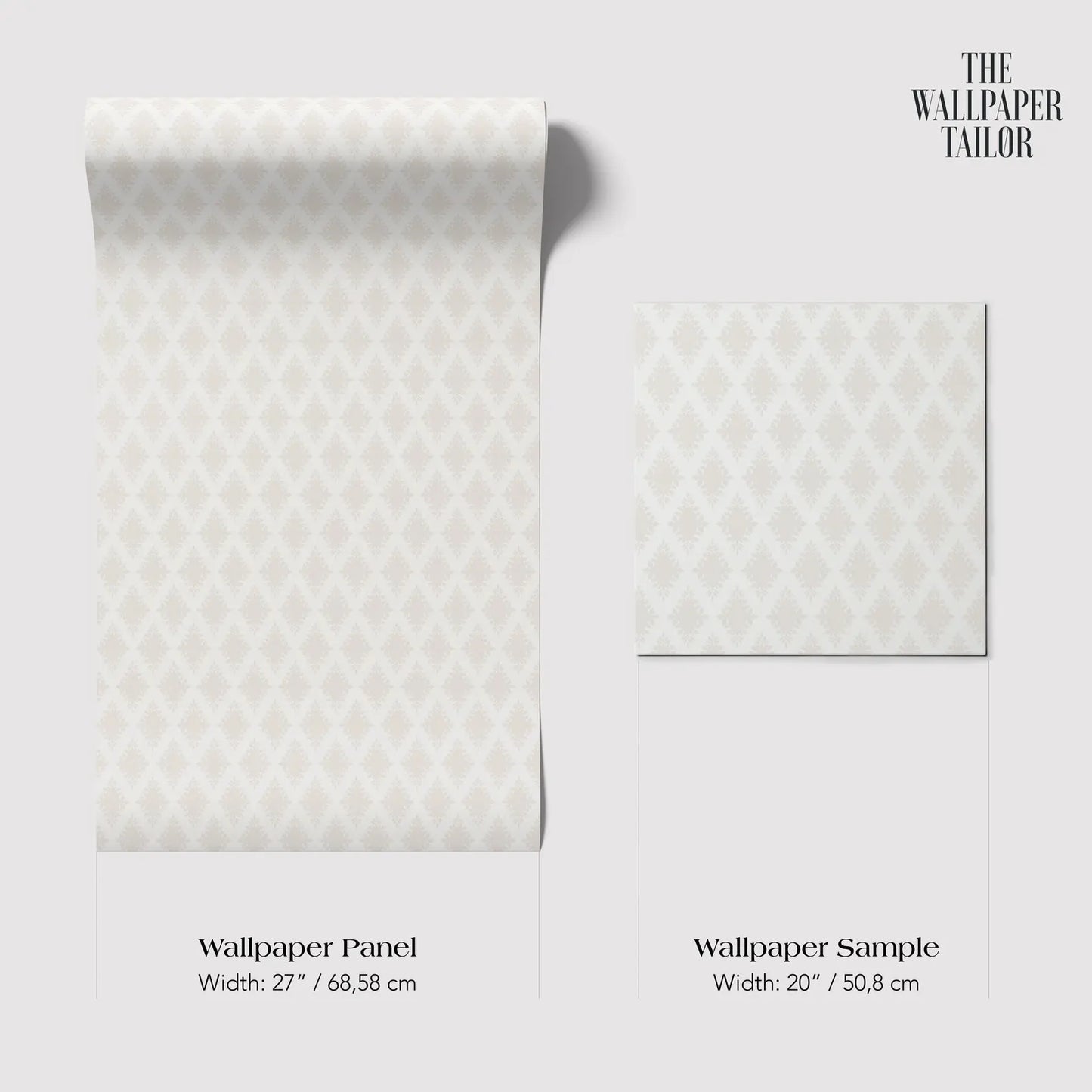 a wallpaper panel and a wallpaper sample, both with a white diamond pattern. The wallpaper panel is wider at 27 inches (68.58 cm) and the wallpaper sample is wider at 20 inches (50.8 cm).