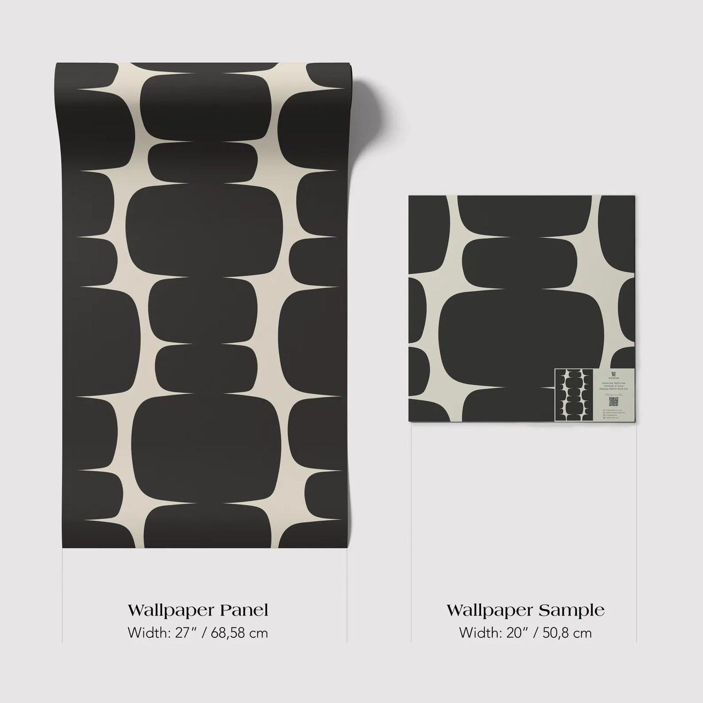 two different sizes of a black and white geometric pattern wallpaper panel and a smaller square wallpaper sample.