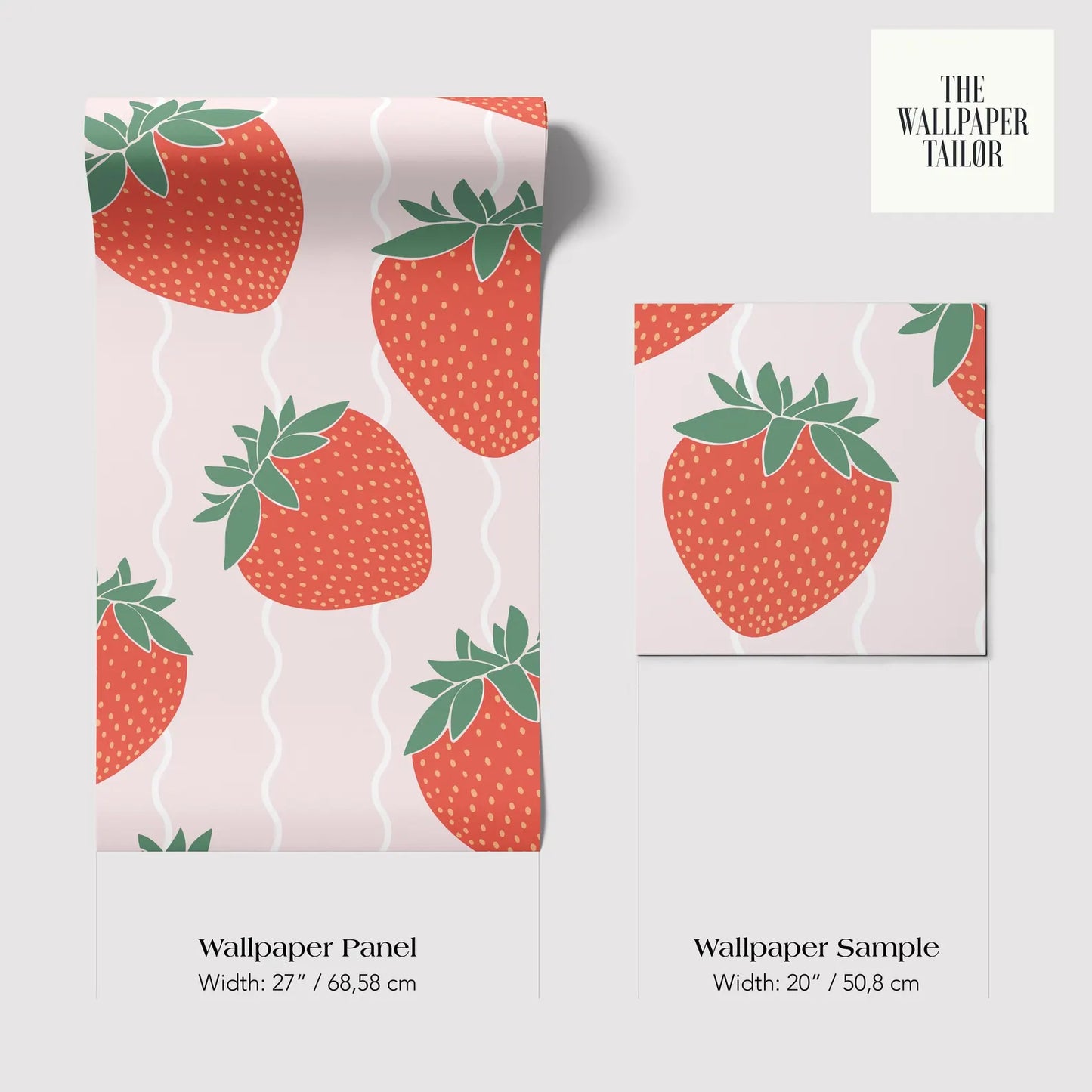 a wallpaper panel and a wallpaper sample with a repeating pattern of red strawberries on a light pink background.