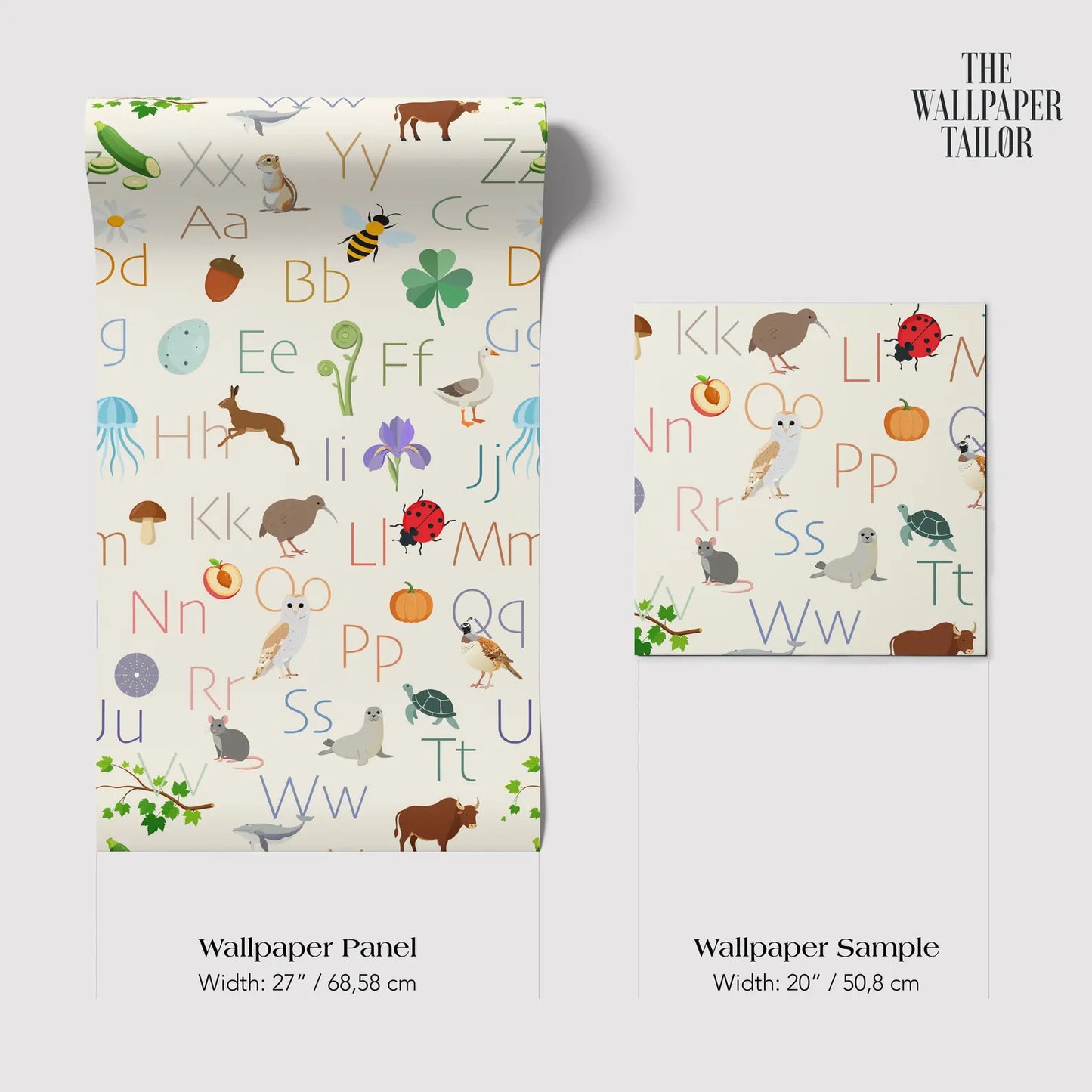 The image is a wallpaper panel and a wallpaper sample, both featuring a repeating pattern of the alphabet with various animals and objects.