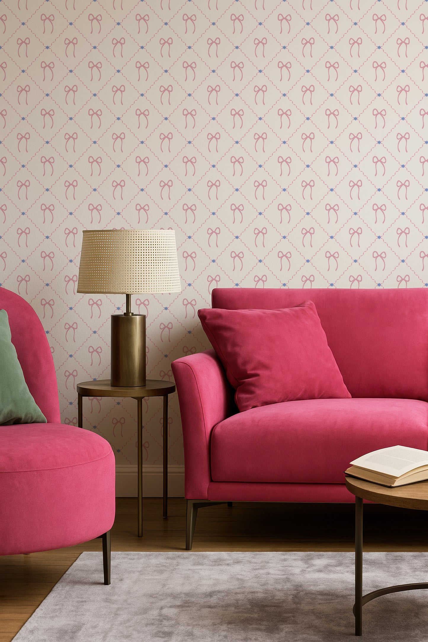 a cozy living room with a pink sofa, a round wooden coffee table, and a small side table with a lamp. The walls are decorated with a pink and white patterned wallpaper, and the room has a warm and inviting atmosphere.