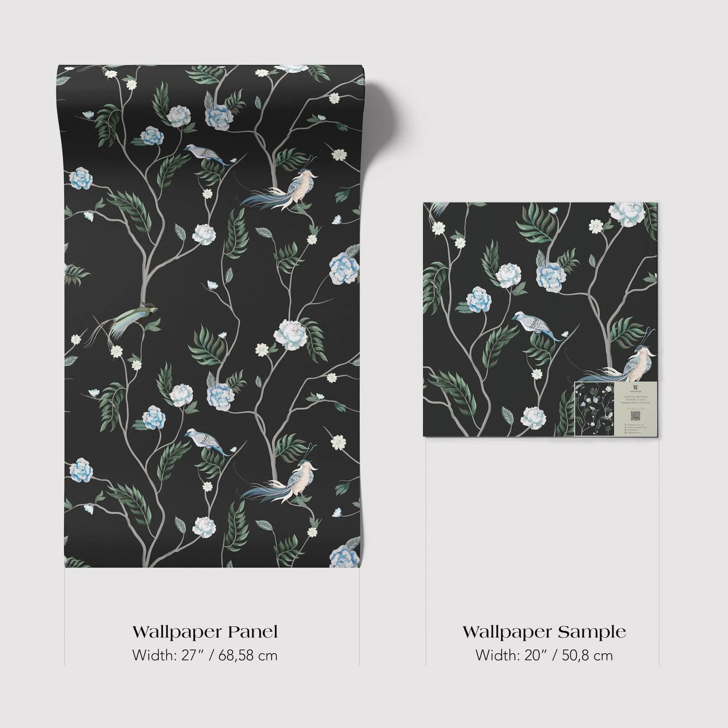 two different wallpaper panels with a floral pattern. The first panel is a larger one, measuring 22" x 68" cm, while the second panel is a smaller one, measuring 20" x 50" cm.