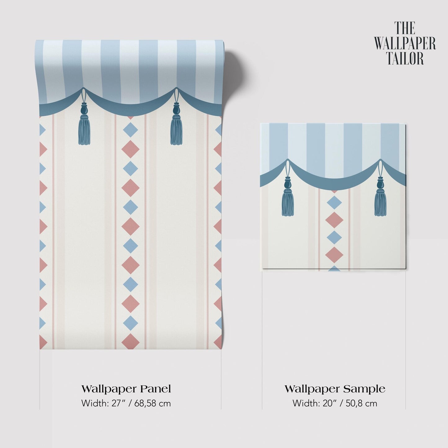 two different sizes of a wallpaper panel with a striped pattern and tassels. The text provides the dimensions of the wallpaper sample in both width and height.