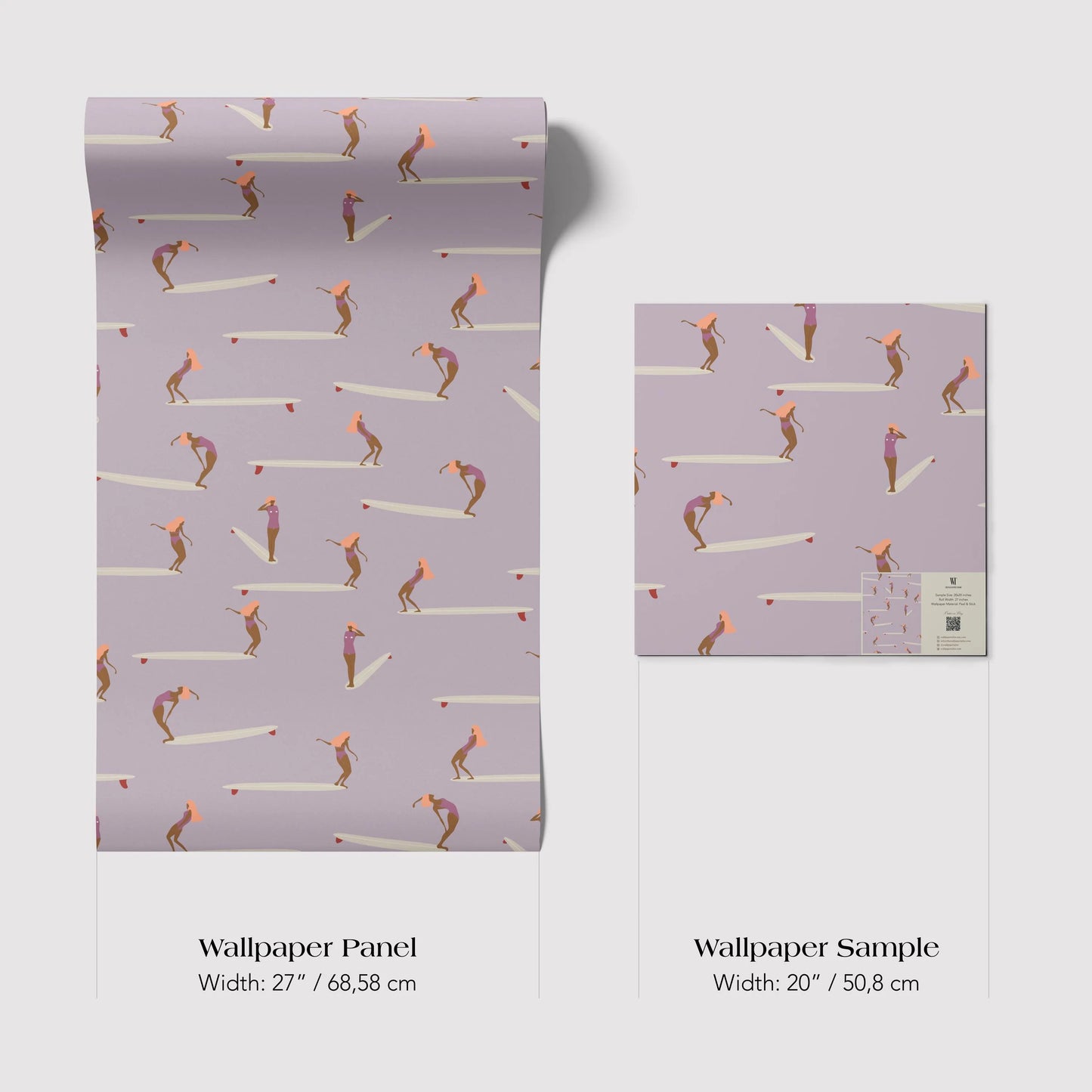 a wallpaper panel and a wallpaper sample, both featuring a repeating pattern of people surfing on surfboards. The wallpaper panel is wider at 27 inches (68.58 cm) and the wallpaper sample is wider at 20 inches (50.8 cm).