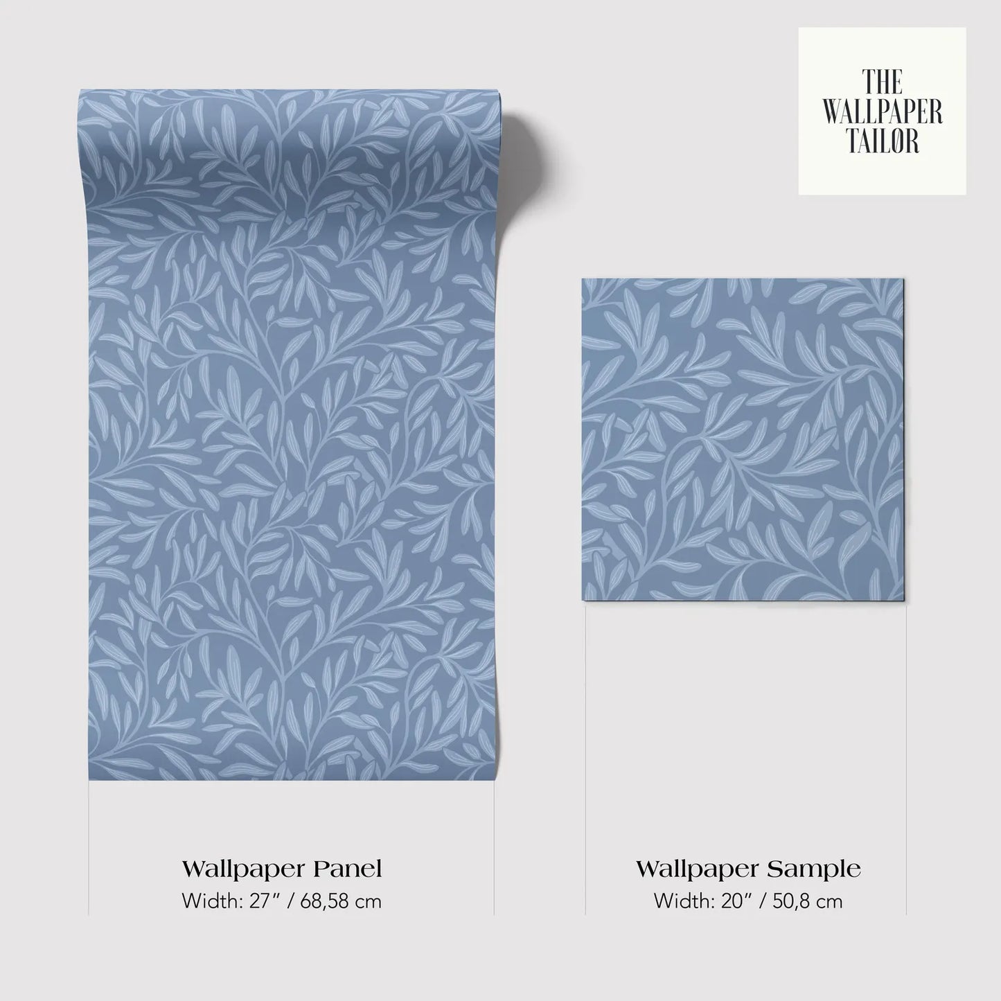 two identical blue leaf-patterned wallpaper panels, each measuring 27 inches by 68.58 centimeters.