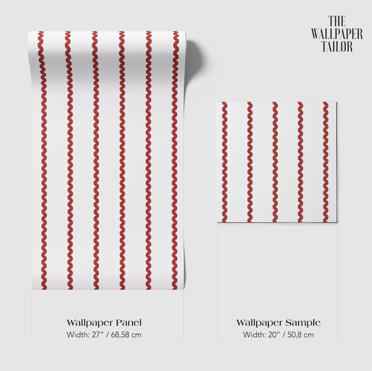 a wallpaper panel and a wallpaper sample, both with a red and white striped pattern. The wallpaper panel is wider than the wallpaper sample, with a width of 27/68.58 cm and a width of 20/50.8 cm.