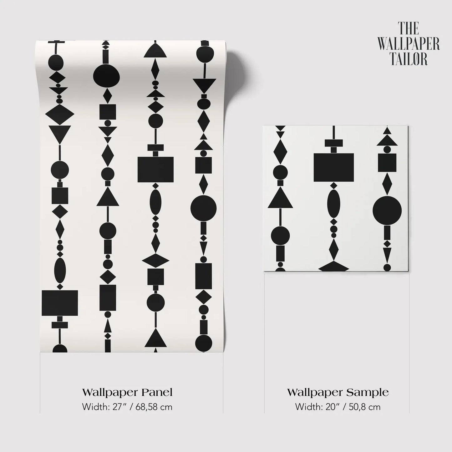 The image is a wallpaper panel and a wallpaper sample, both featuring a geometric pattern of black shapes and lines.