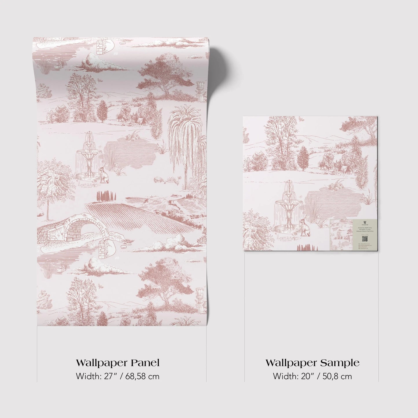 two different sizes of a wallpaper panel with a pink and white landscape design. The larger panel is wider than the smaller one, with a width of 27 inches (68.58 cm) and a height of 50 inches (80.58 cm).
