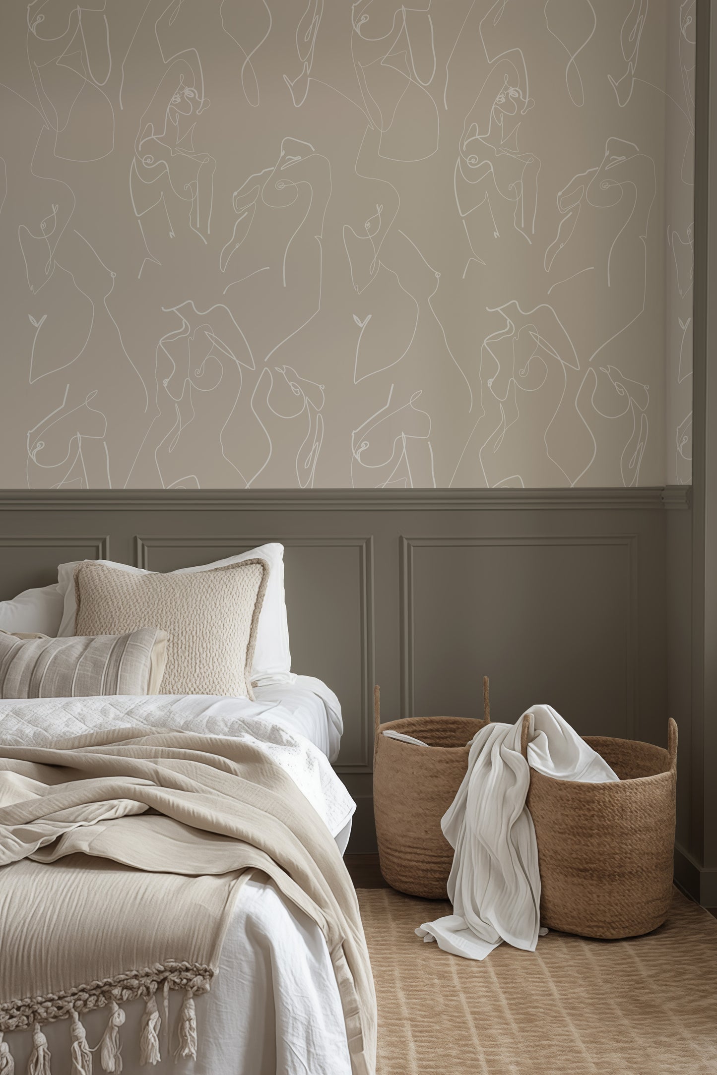 a bedroom with a bed and a basket on the floor