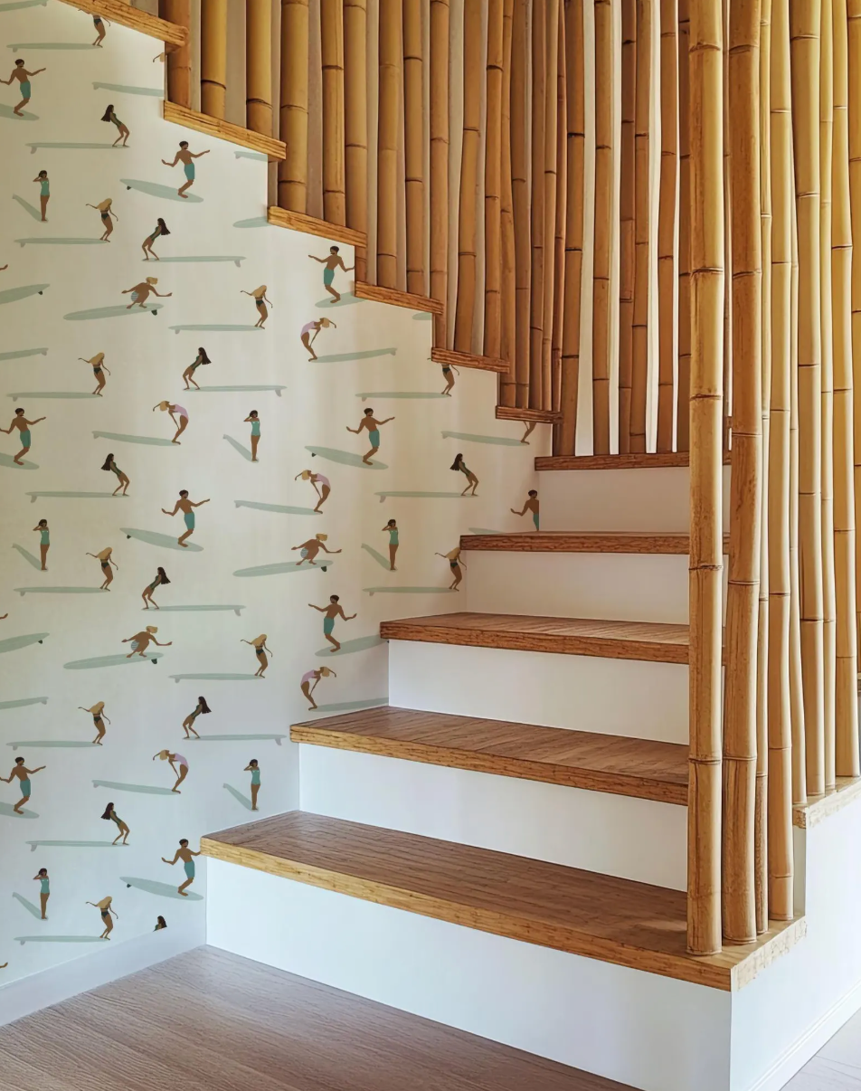 a staircase with wooden steps and a bamboo railing, creating a tropical and beach-inspired atmosphere.