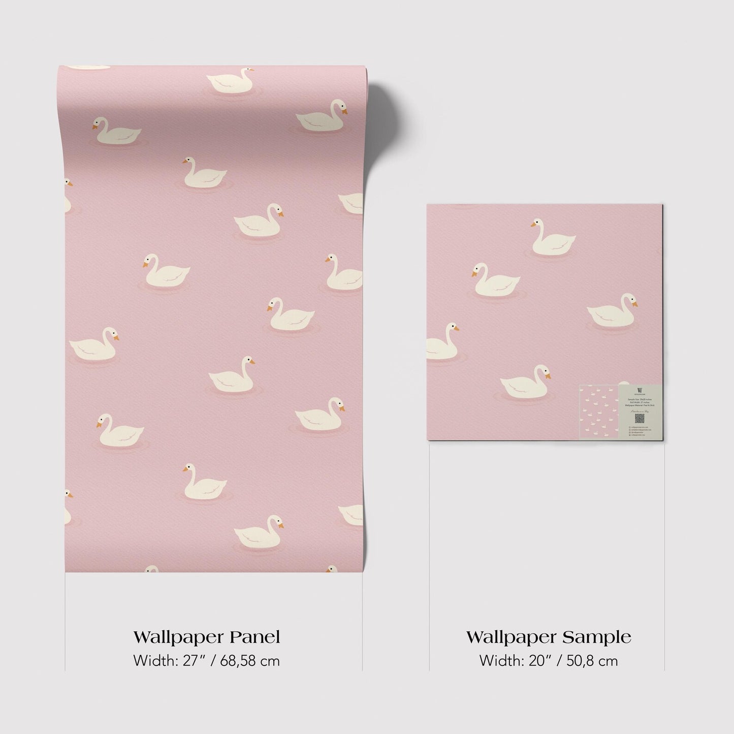 two identical images of a pink background with white swans. The text below the images provides the dimensions of the wallpaper panel and the wallpaper sample.