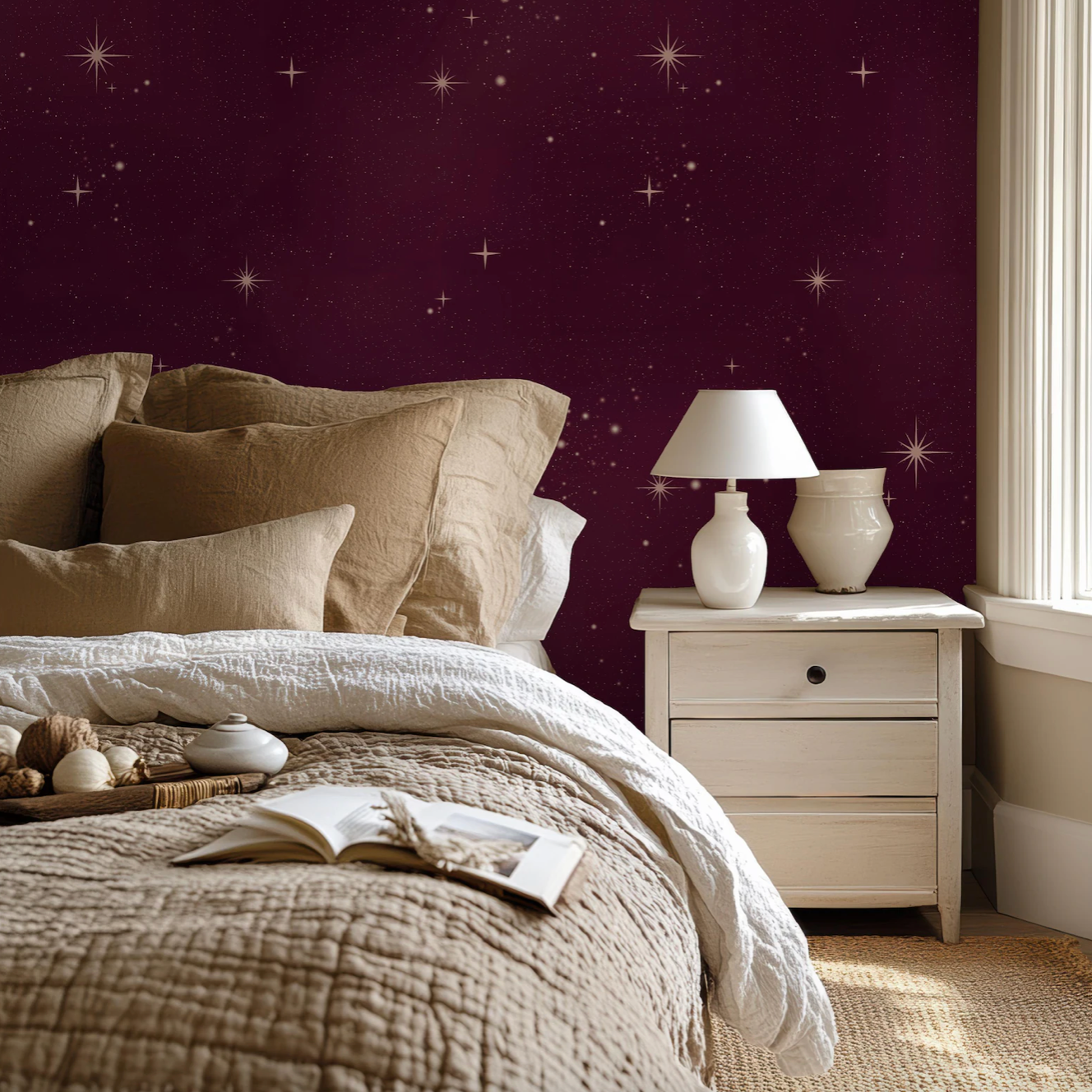 a bedroom with a bed and a night stand