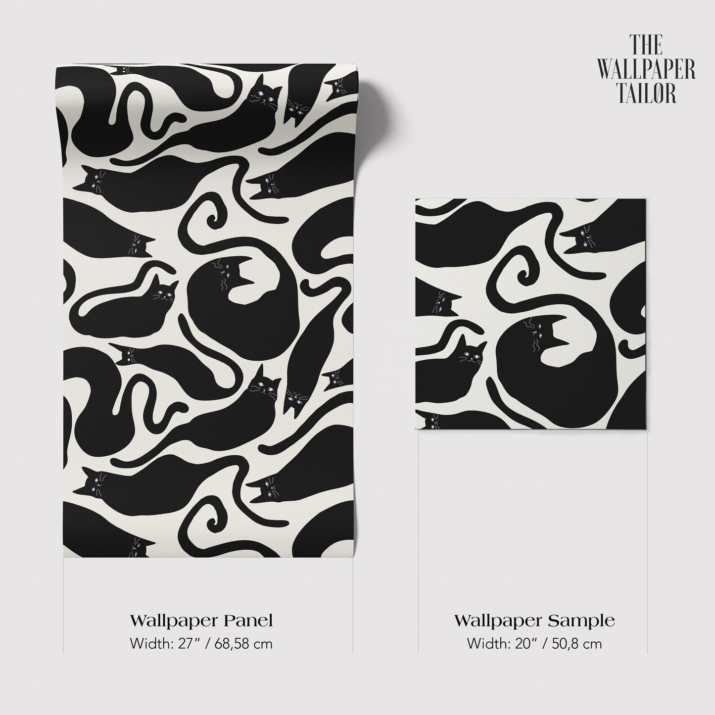 The image is a wallpaper panel and a wallpaper sample, both featuring a repeating black cat pattern.
