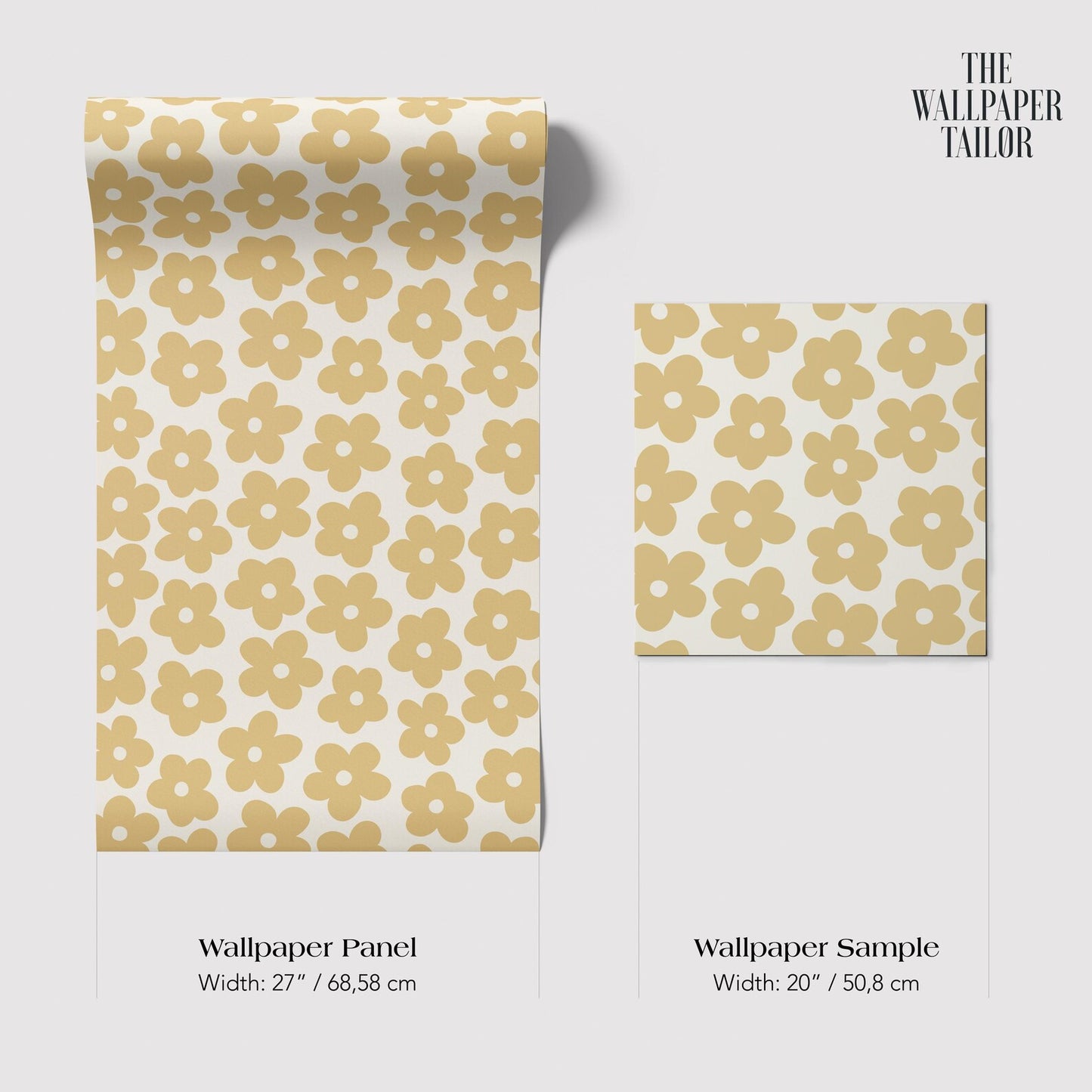two rolls of wallpaper with a repeating yellow flower pattern. The rolls are labeled as "Wallpaper Panel" and "Wallpaper Sample" with their respective widths: 27 inches (68.58 cm) and 20 inches (50.80 cm).