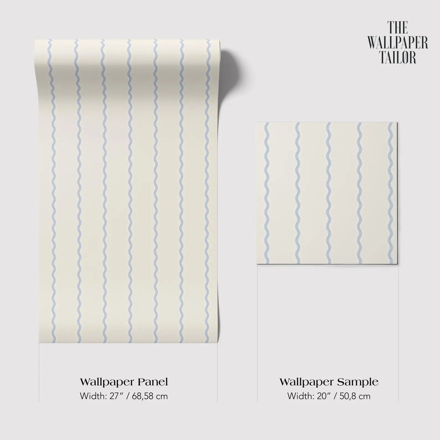 two different wallpaper samples with a repeating pattern of blue wavy lines. The text provides the widths of the samples in centimeters.