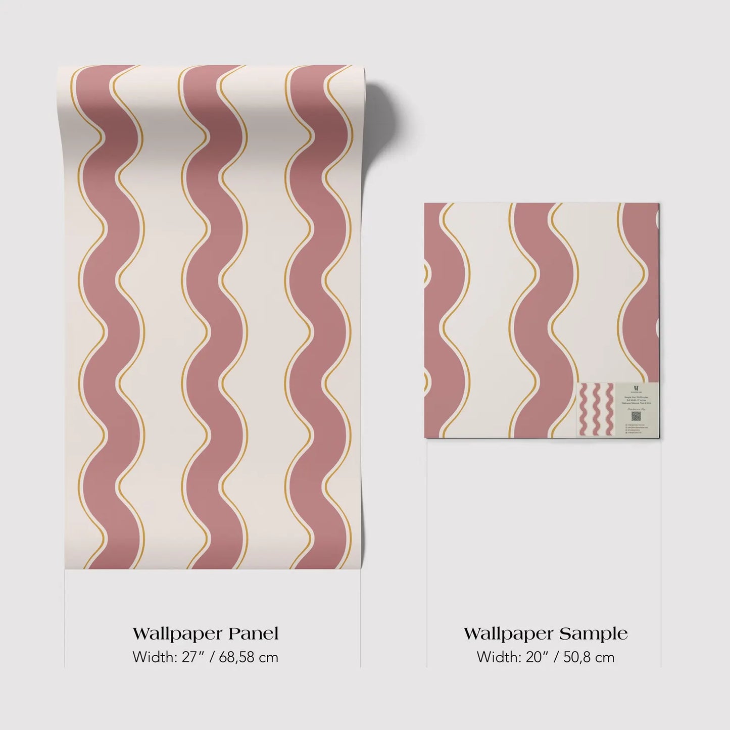 two wallpaper samples with a repeating pattern of pink and white wavy lines. The text provides the dimensions of the wallpaper panels and the wallpaper sample.