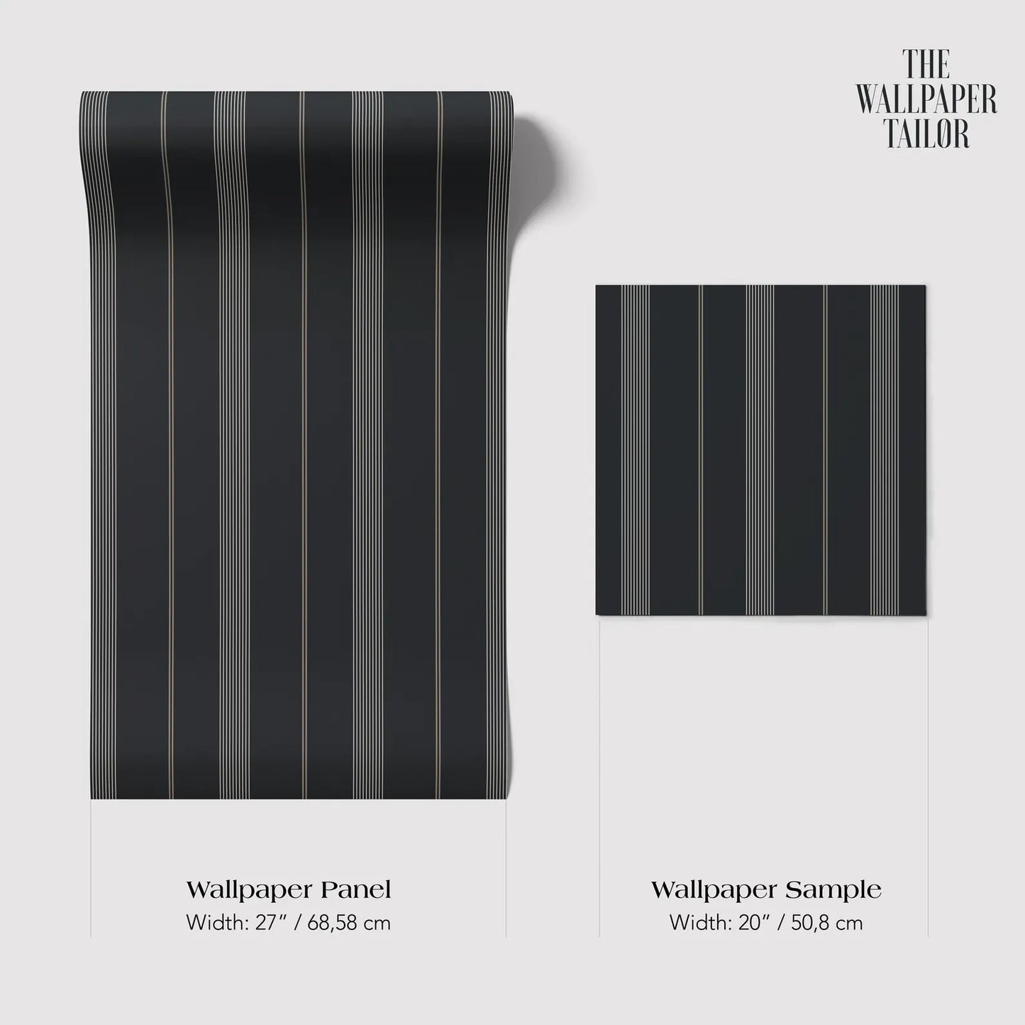 two different sizes of a black and white striped wallpaper panel and a smaller square wallpaper sample. The text provides the widths of each item in centimeters.
