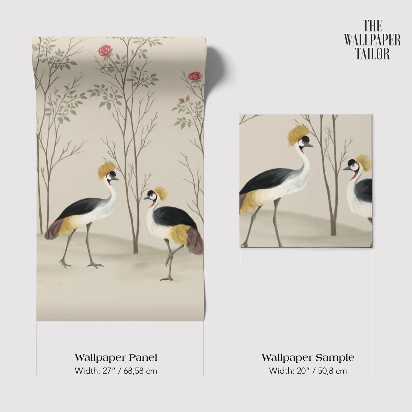 The image is a collage of two wallpapered panels and a wallpapered sample, featuring illustrations of two birds in a forest setting.