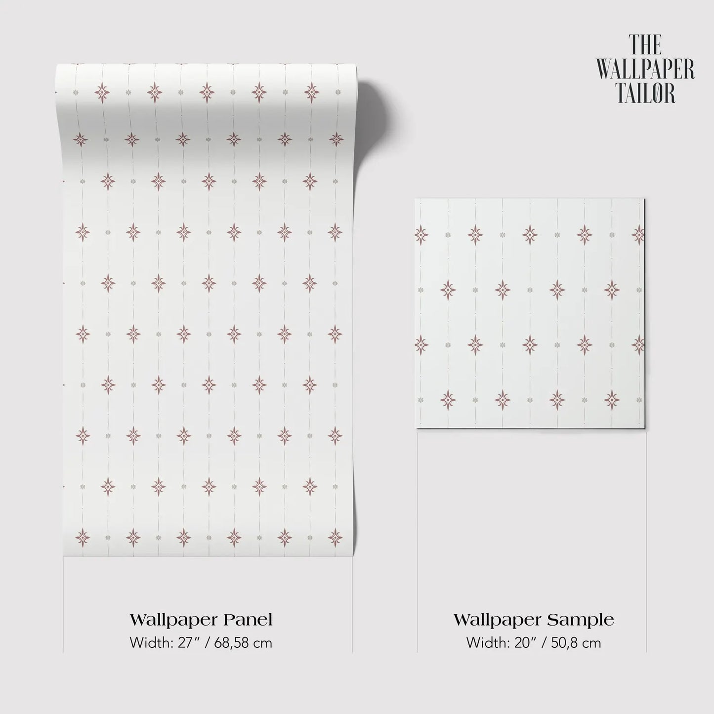 two different sizes of a wallpaper panel and a wallpaper sample, both with a repeating pattern of small red dots on a white background.