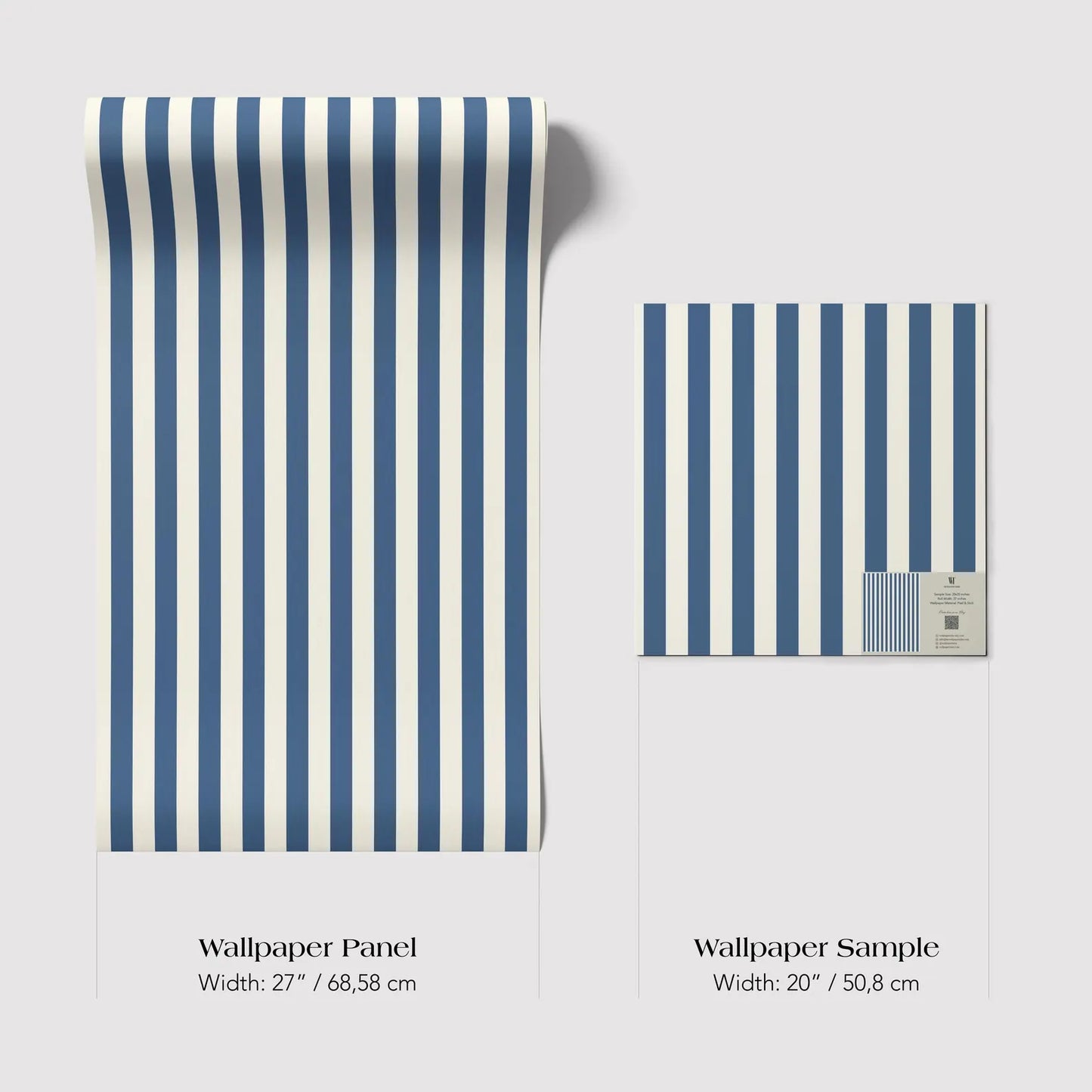 two different sizes of blue and white striped wallpaper panels, with the text providing the dimensions of each panel.
