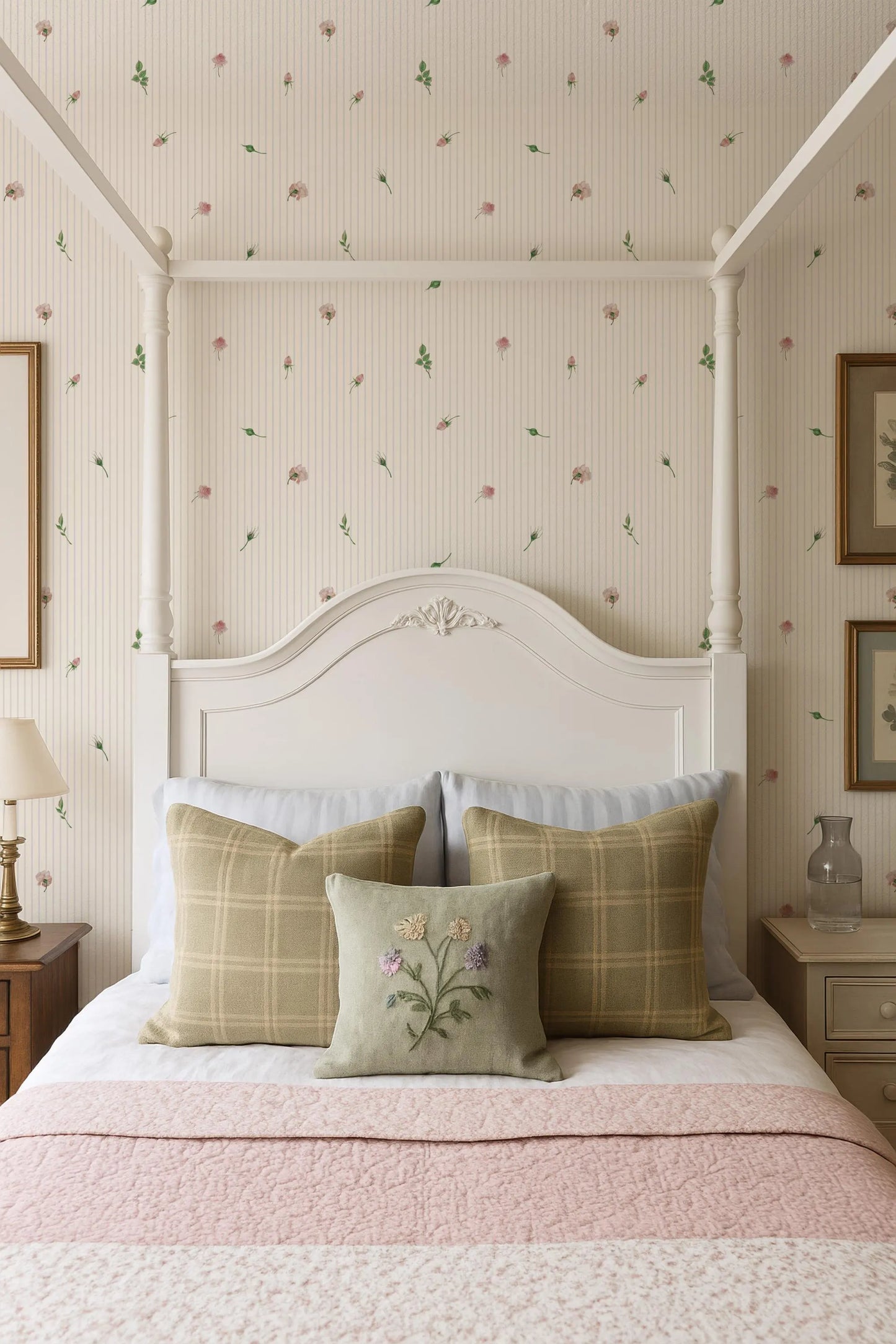 a cozy bedroom with a white four-poster bed, a floral wallpaper, and a pink and white bedspread.