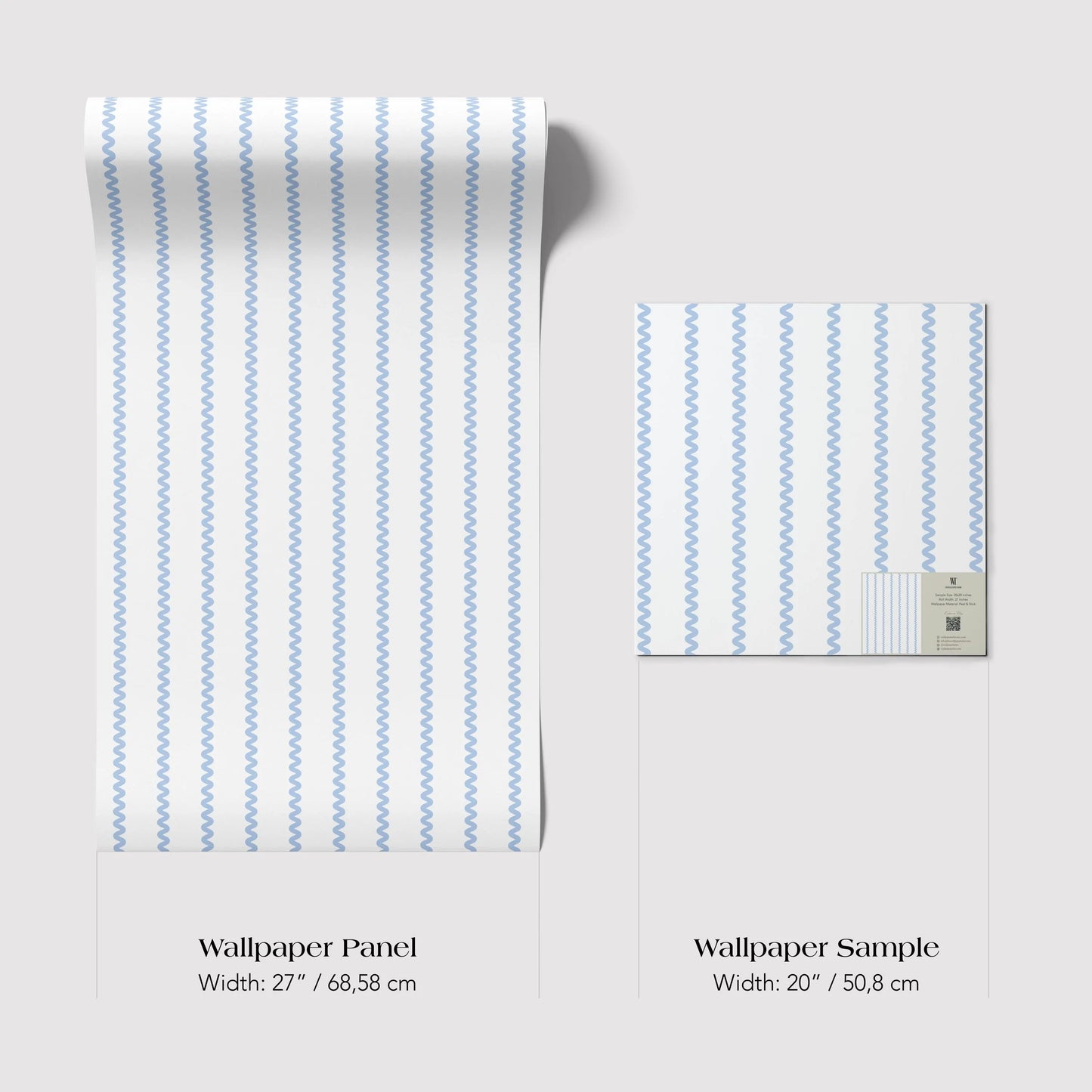 two different sizes of a blue and white striped wallpaper panel and a wallpaper sample. The wallpaper panel is wider at 27 inches (68.58 cm) and the wallpaper sample is wider at 20 inches (50.8 cm).
