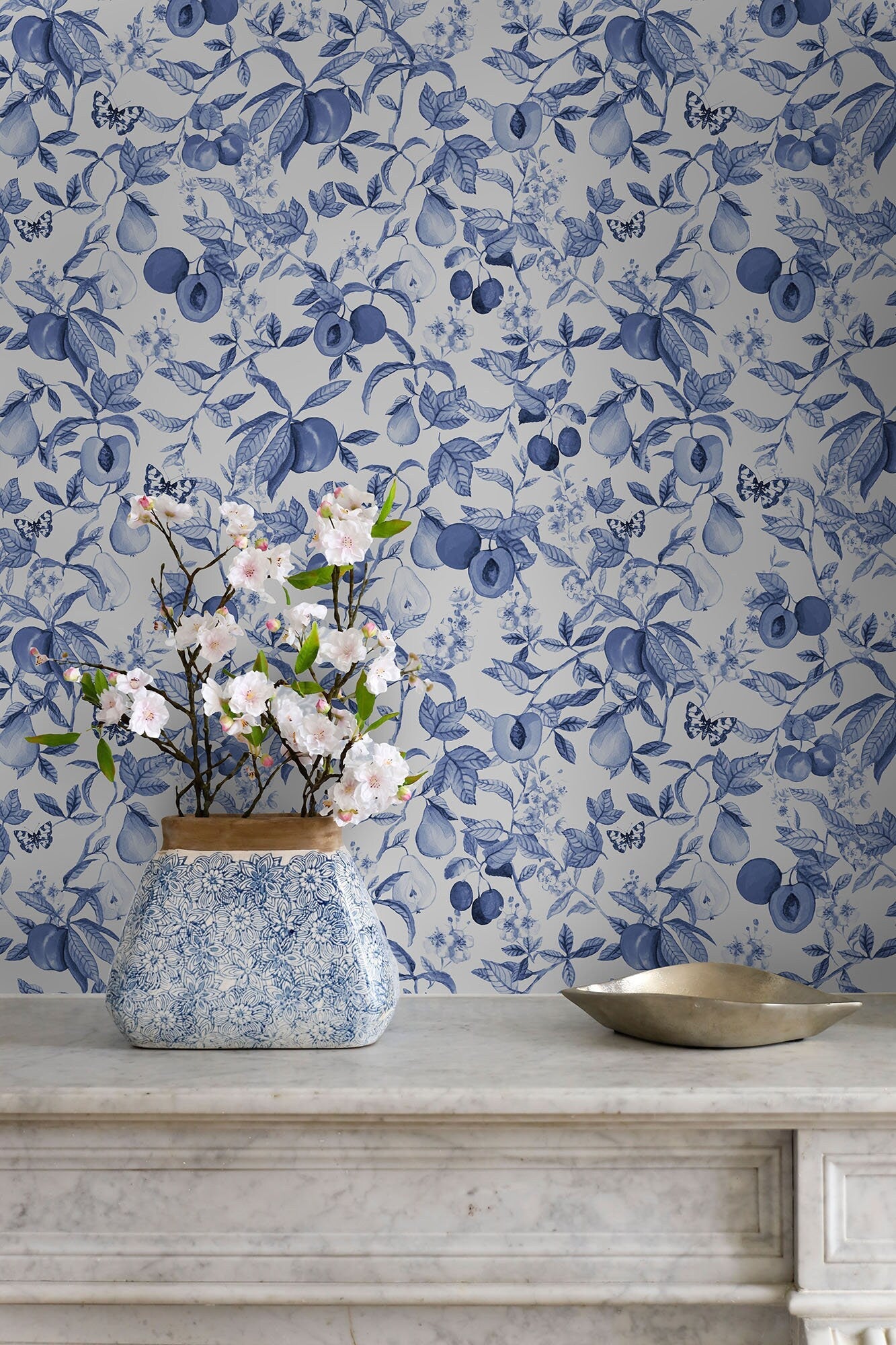 Blue Toile Apricot Wallpaper