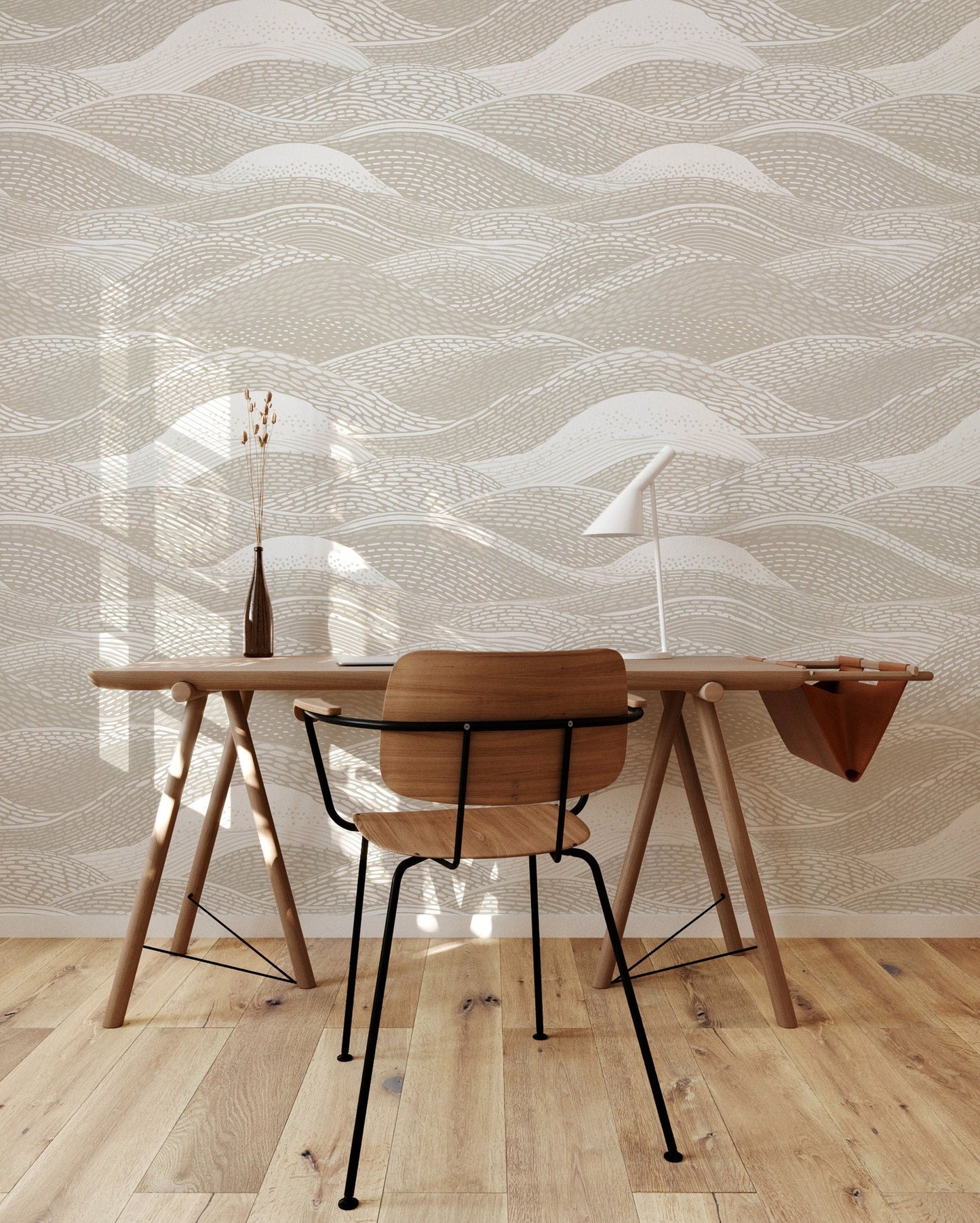 a desk with a chair and a vase on top of it