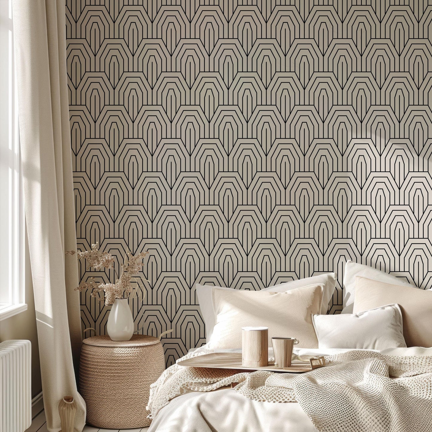 a bedroom with a bed and a wall paper