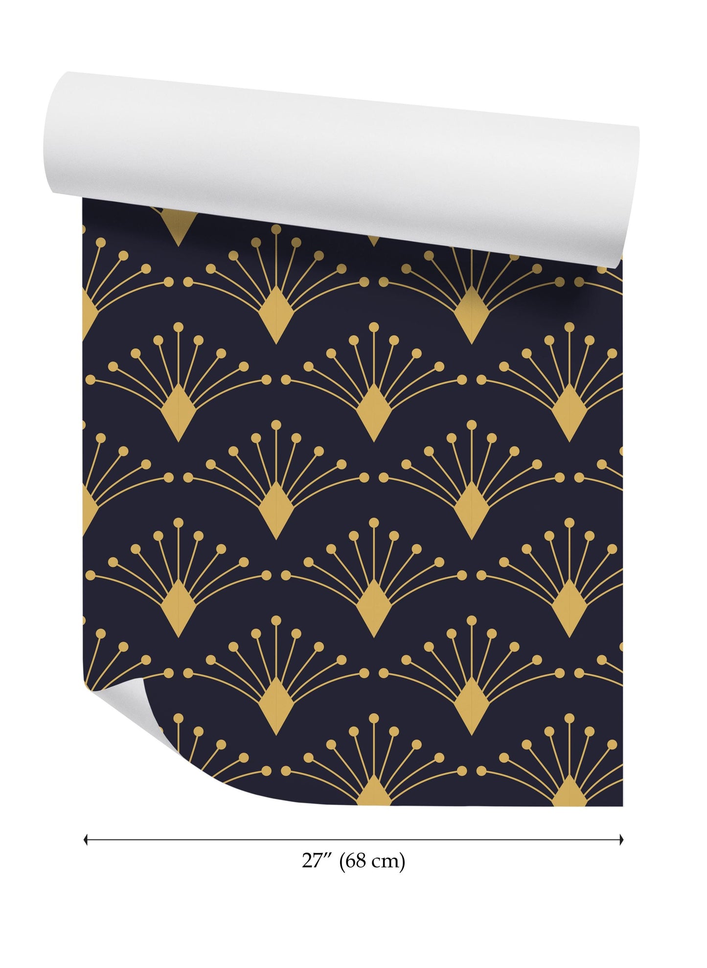 a black and gold wallpaper with a fan pattern