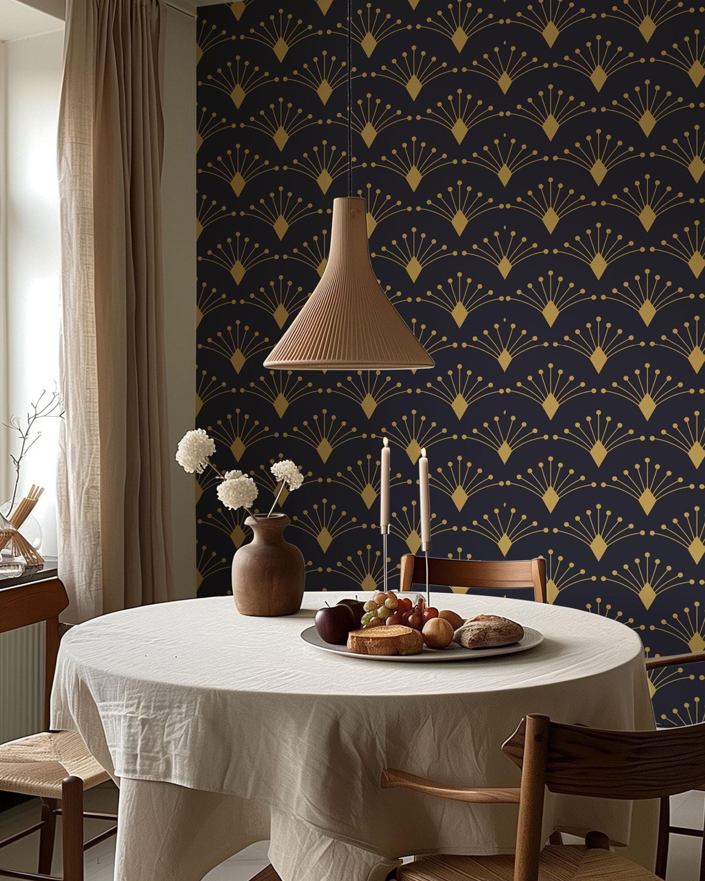 a bedroom with a black and gold wallpaper and a white bed