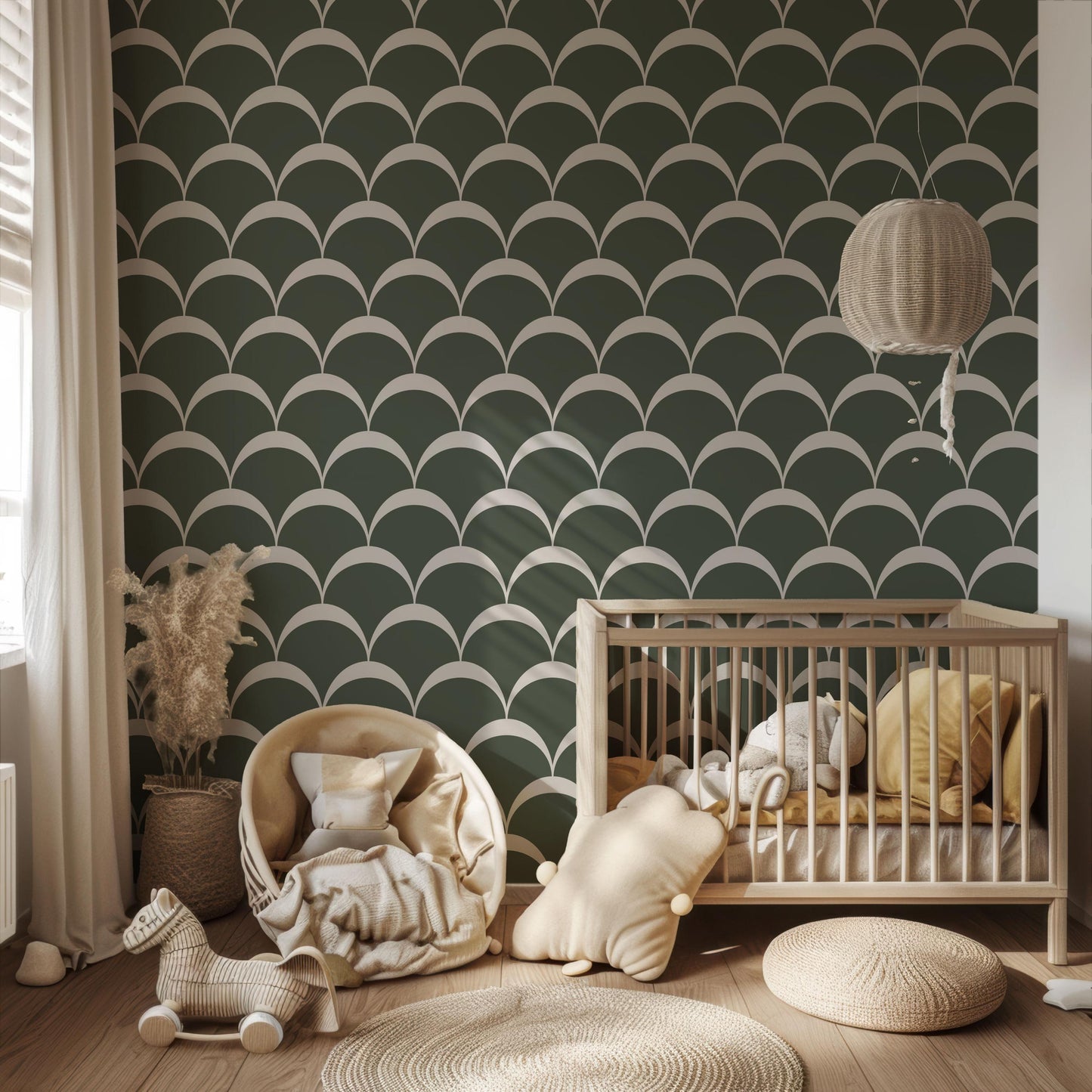 a baby's room with a crib and toys