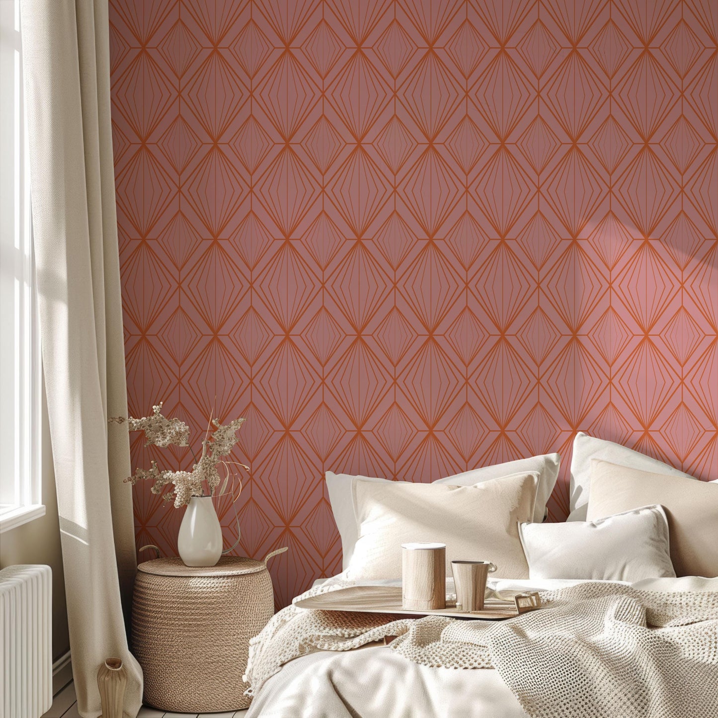 a bedroom with a pink wall and a white bed