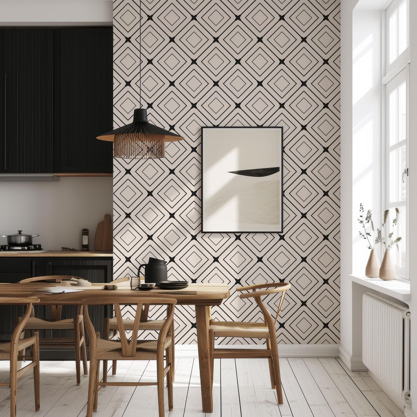 a kitchen with a table, chairs and a picture on the wall