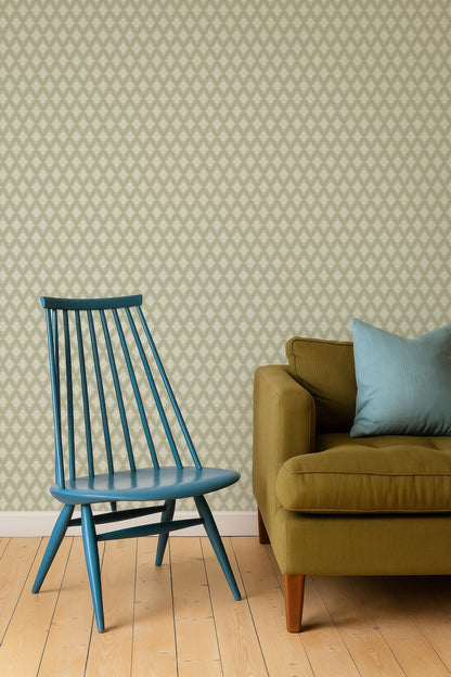 a blue chair and a brown sofa against a patterned wall.
