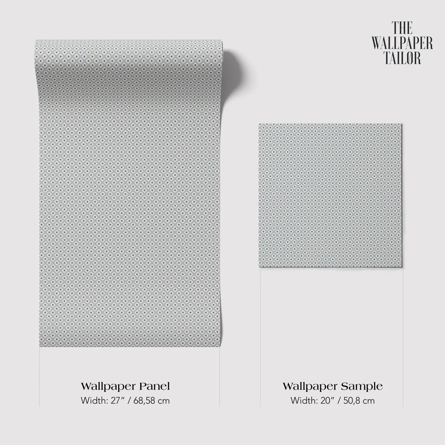 a roll of wallpaper panel and a wallpaper sample, both with a gray and white pattern.