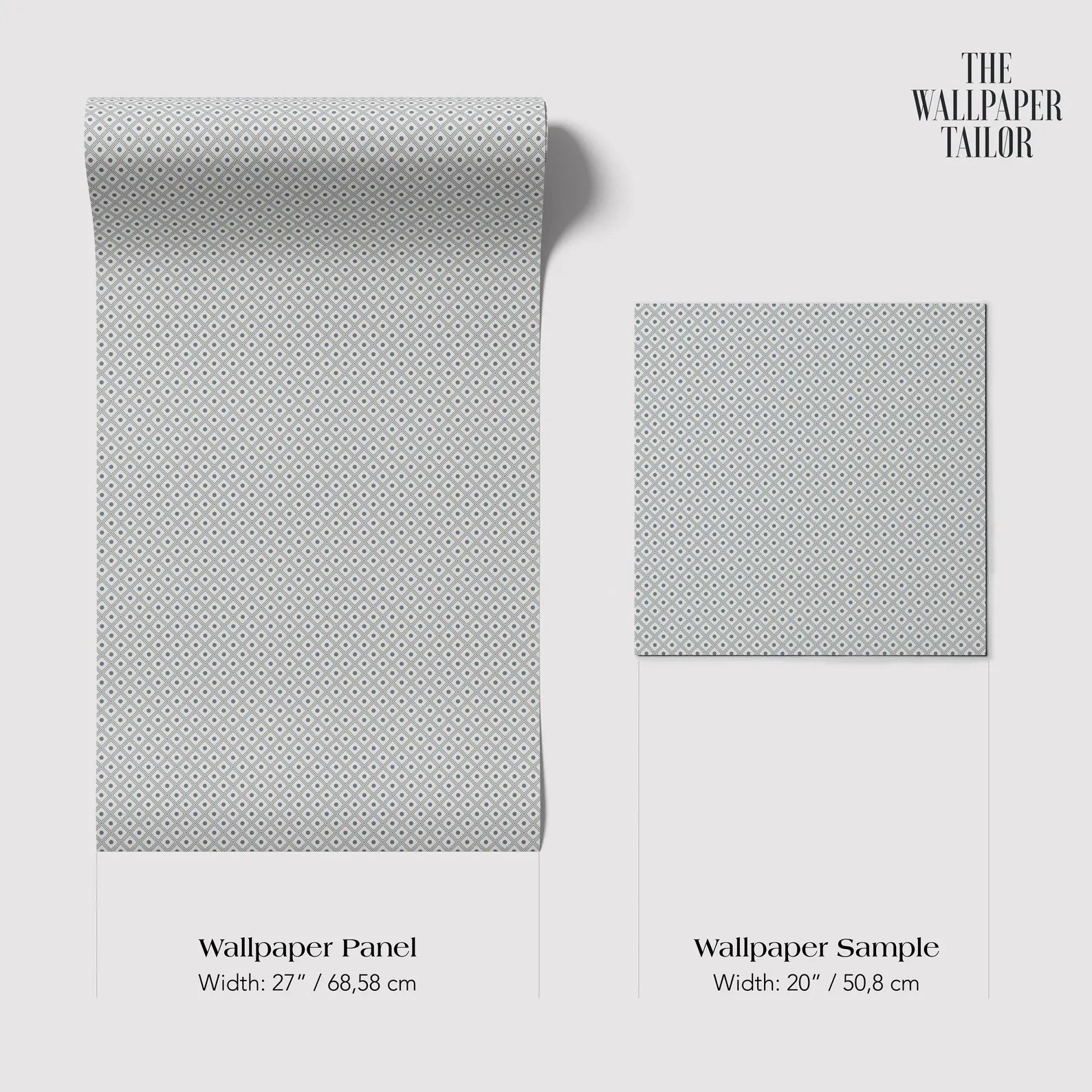a roll of wallpaper panel and a wallpaper sample, both with a gray and white pattern.