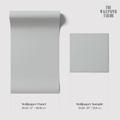 a roll of wallpaper panel and a wallpaper sample, both with a gray and white pattern.