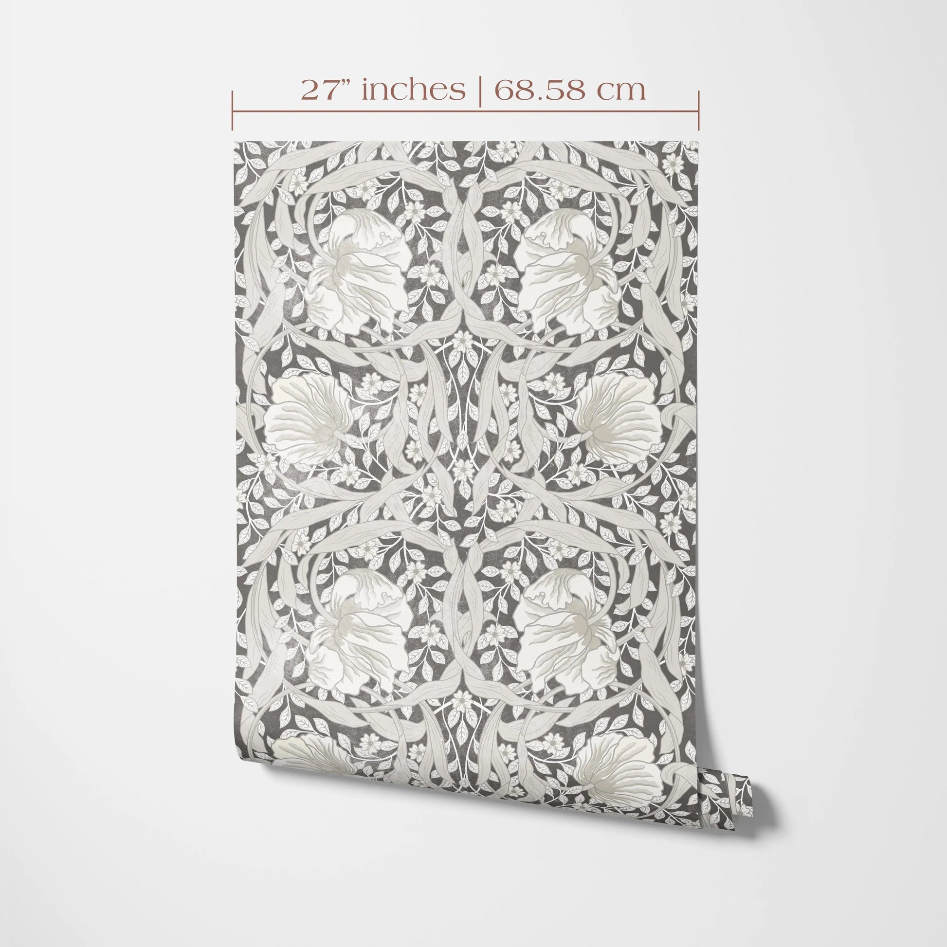 a decorative wallpaper pattern with a repeating floral and leaf design in shades of gray and white. The wallpaper is 27 inches (68.58 cm) wide and tall, and it is displayed against a plain white background.