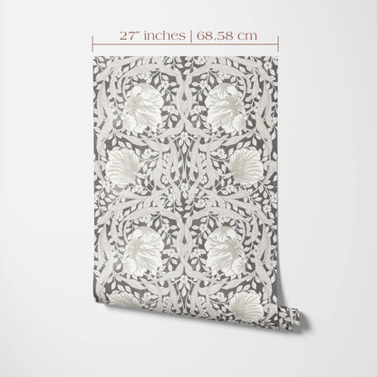 a decorative wallpaper pattern with a repeating floral and leaf design in shades of gray and white. The wallpaper is 27 inches (68.58 cm) wide and tall, and it is displayed against a plain white background.