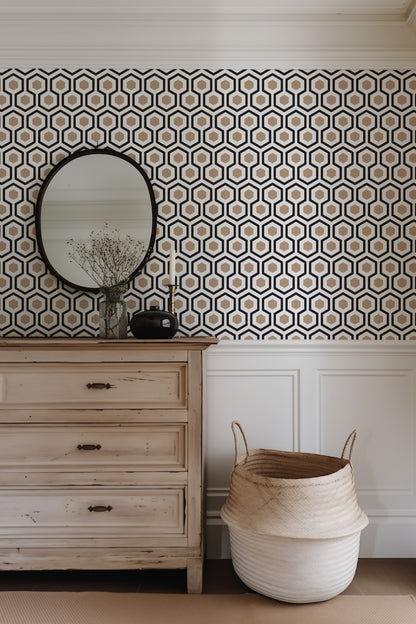 a room with a dresser and a mirror