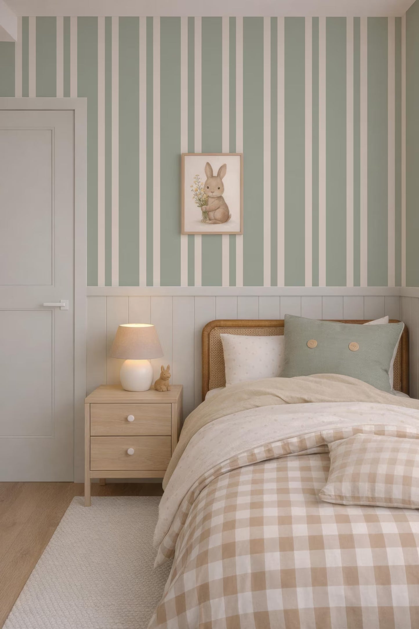 a cozy bedroom with a bed, nightstand, and striped wallpaper.