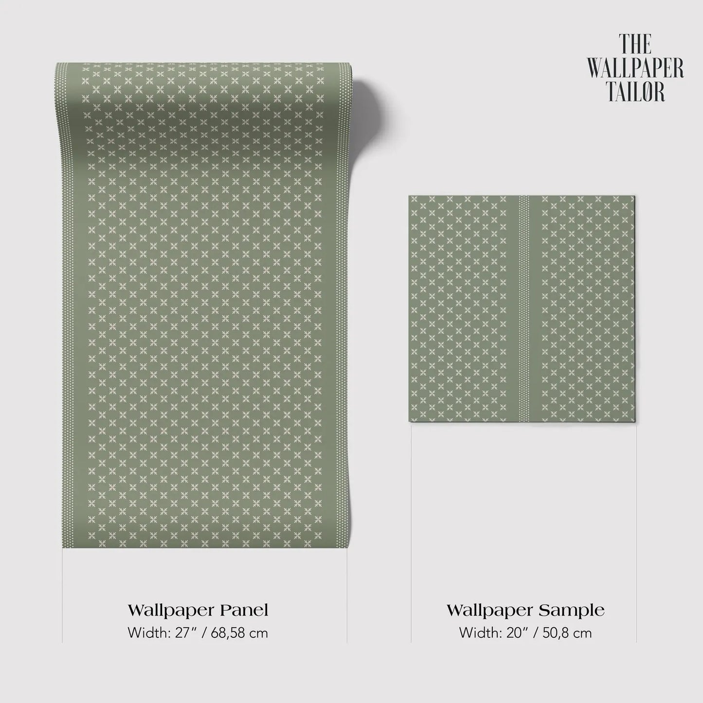 a roll of wallpaper panel and a wallpaper sample, both with a green and white star pattern design.