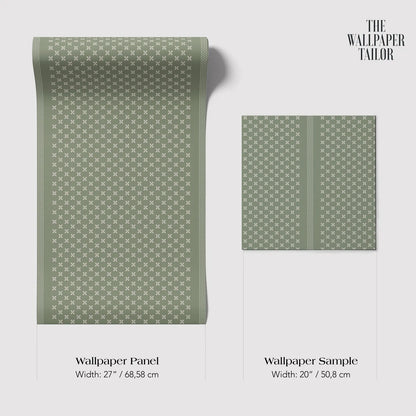 a roll of wallpaper panel and a wallpaper sample, both with a green and white star pattern design.