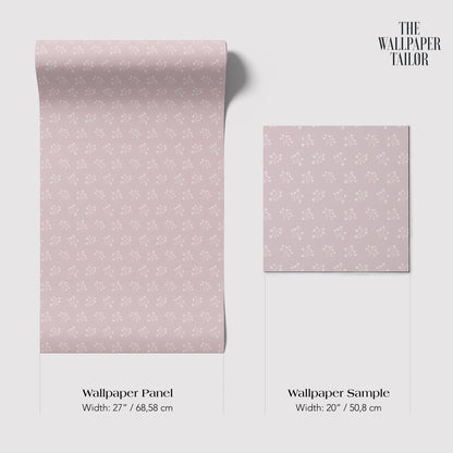 a wallpaper panel and a wallpaper sample, both with a pink floral pattern. The wallpaper panel is wider at 27 inches (68.58 cm) and the wallpaper sample is wider at 20 inches (50.8 cm).
