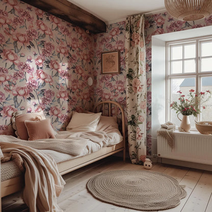 a cozy and charming bedroom with a floral wallpaper, a wooden bed frame, and a round rug on the floor.