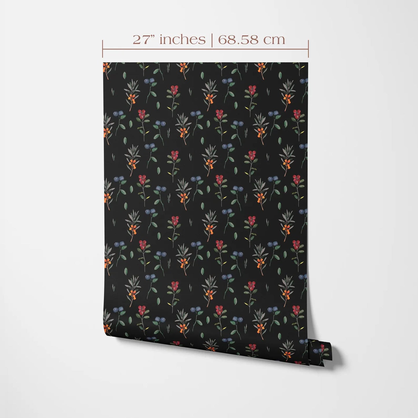 a black and white pattern of colorful flowers and leaves on a wall.